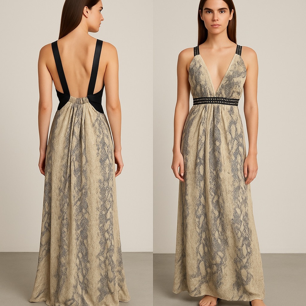 Bebe Gold and Cream Halter Maxi Dress for Prom